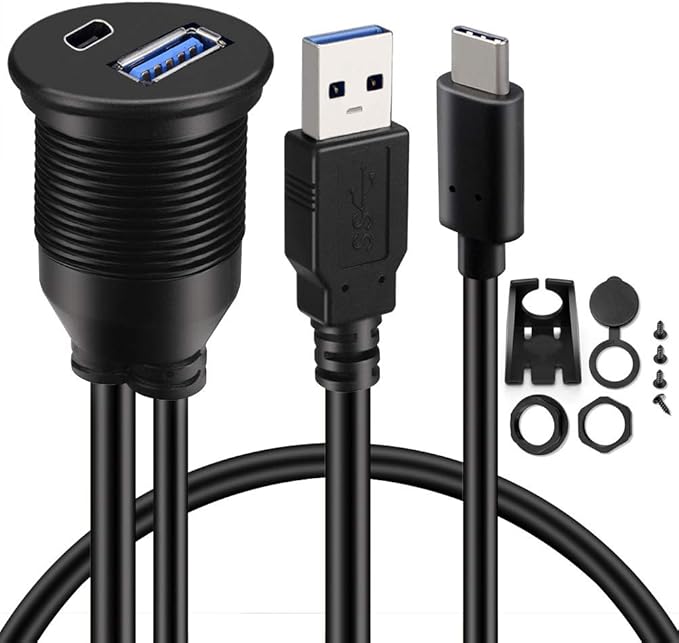 BATIGE Type C 3.0 and USB 3.0 A Male to Female AUX Car Mount Flush Cable Waterproof Extension for Car Truck Boat Motorcycle Dashboard Panel - 3ft