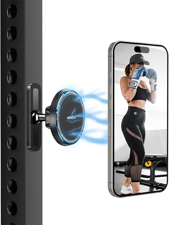 APPS2Car Magnetic Phone Holder for Gym, Alloy Base & Ball Joint, Attach to Metal Surfaces, Dual Magnetic Phone Mount for MagSafe iPhone 12-17 Series