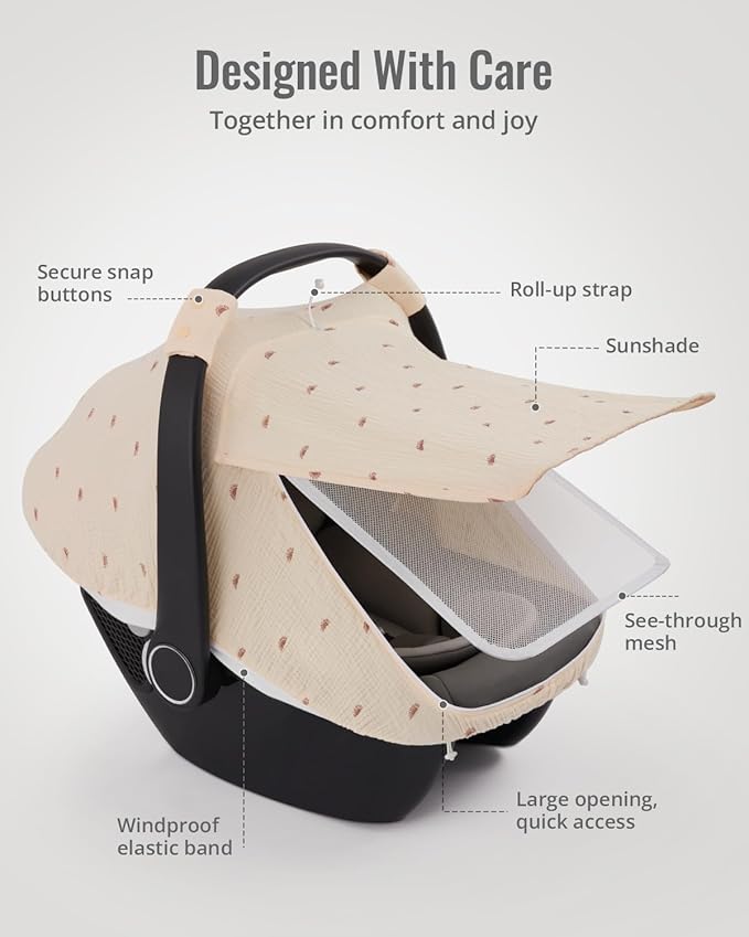 Blissful Diary Baby Car Seat Cover, Extra Large Mesh Window, Breathable Muslin Cotton, Infant Windproof Canopy, Must-Have Baby Gift - Sunshine
