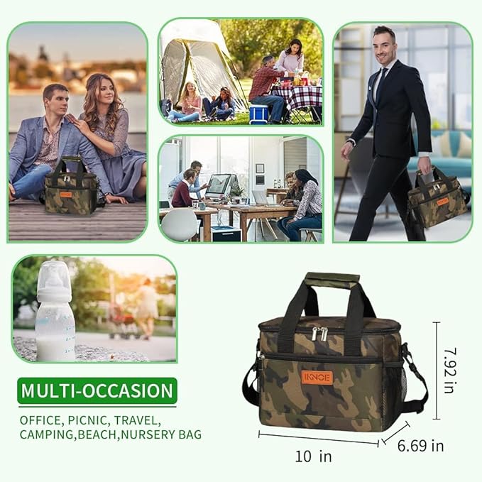 iknoe Insulated Lunch Bag, Foldable 8.5L Cooler Bag for Men & Women, Leakproof Thermal Design, Great for Office, Picnic, Travel, Lunch Box, Camo