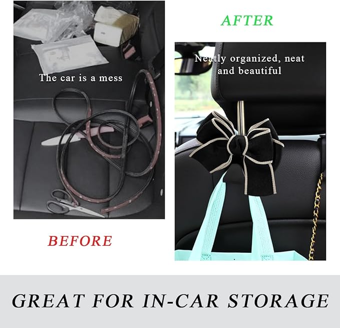 2 PCS Car Seat Headrest Hooks, Cute Bow Shaped Vehicle Backseat Storage Hooks, Leather Bow Shaped Sturdy Car Seat Back Hooks for Purses/Coats/Umbrellas, Car Accessories (White Edge)