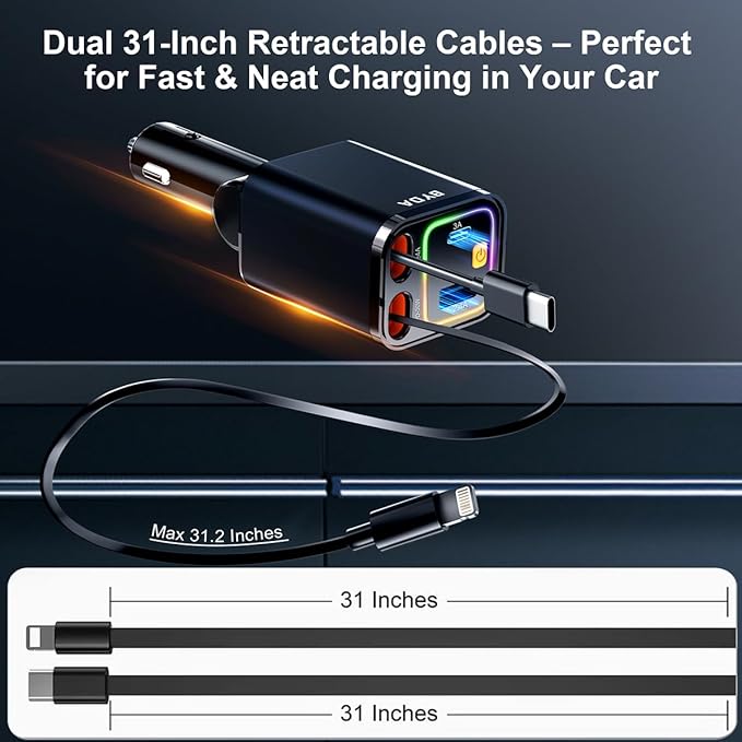4 in 1 Retractable Car Charger,69W USB-C Fast Car Charger, for iPhone 17/16/15/14/13/12/11, Android,Pixel,Cigarette Lighter Charger (for Apple+Type C &RGB [Black])
