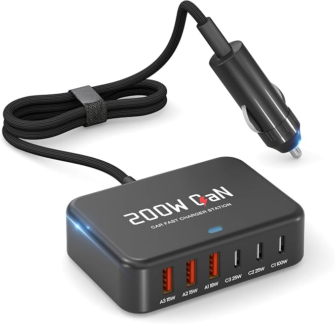 Dzytnsy 200W Car Fast Charging Station,6 Ports, Compatible with MacBook pro/Air/M5 M4 M3 M2 M1/Dell/Lenovo/HP,for iPhone 17/16/15 Series,Samsung Galaxy S26/S25 Ultra/S24 Series and More
