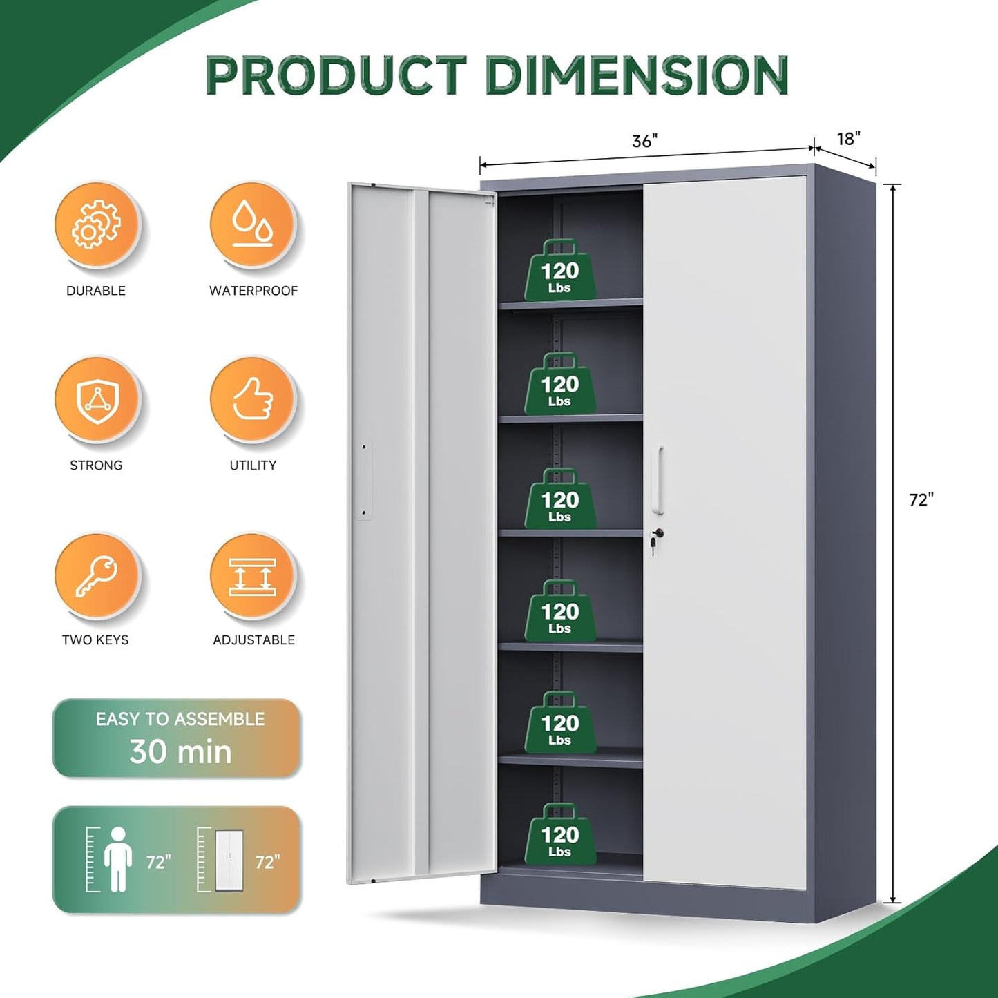Letaya Metal Storage Cabinet with Lock Door and 5 Shelves,6 Tier Steel Garage Tool Cabinet for Home Office Utility Room 72" H X 36" W X18 D (White Gray)