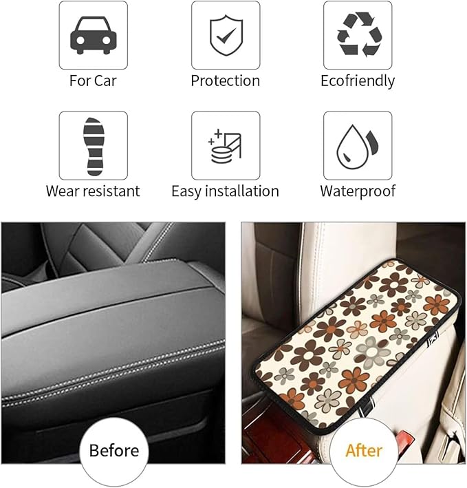 Brown Daisy Center Console Cover Floral Hippie Daisies Flower Car Accessories Armrest Box Lid Protector Cover