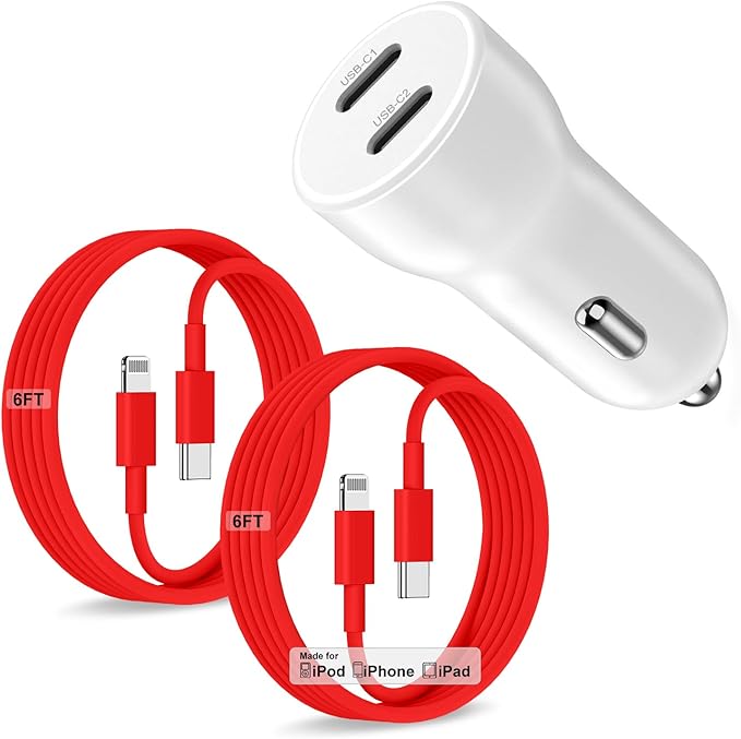 iPhone 14 13 Car Charger, Certified 45W Dual Port USB C Rapid Apple Car Adapter with 6ft Type C to Lightning Cable Fast Charging for iPhone 14 Pro/14 Pro Max/14 Plus/13/12/11/X/XS/SE,iPad-Red