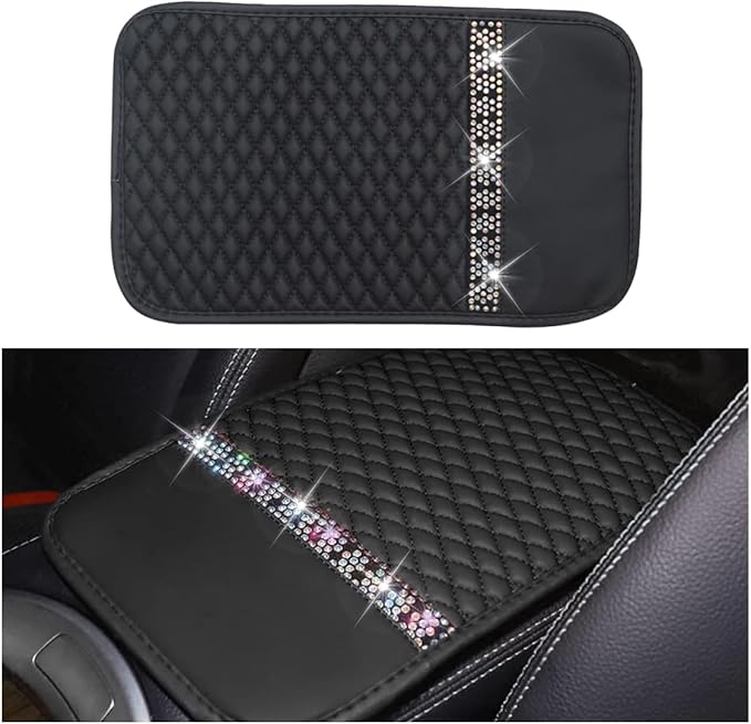 Bling Leather Car Armrest Seat Box Cover, Car Console Armrest Cover with Crystal Rhinestones, Anti-Scratch Waterproof Auto Center Console Protector Cushion Pad for Car SUV Truck (Black)