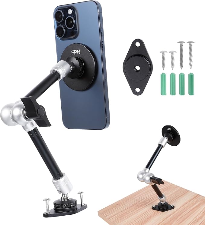 Magnetic Phone Holder with AMPS Mounting Plate Drill Base & 360°Rotation 10" Magic Arm, Magnet Phone Mount for Wall/Desk/Truck/Car/Workbench, Compatible with Magsafe iPhone 16 15 14 13 12 Series