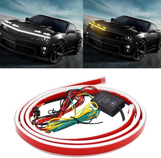 Flexible 59 Inch LED Strip Lights - Waterproof Car Hood Daytime Running Light Strip with Turn Signal for Trucks, Cars (White)