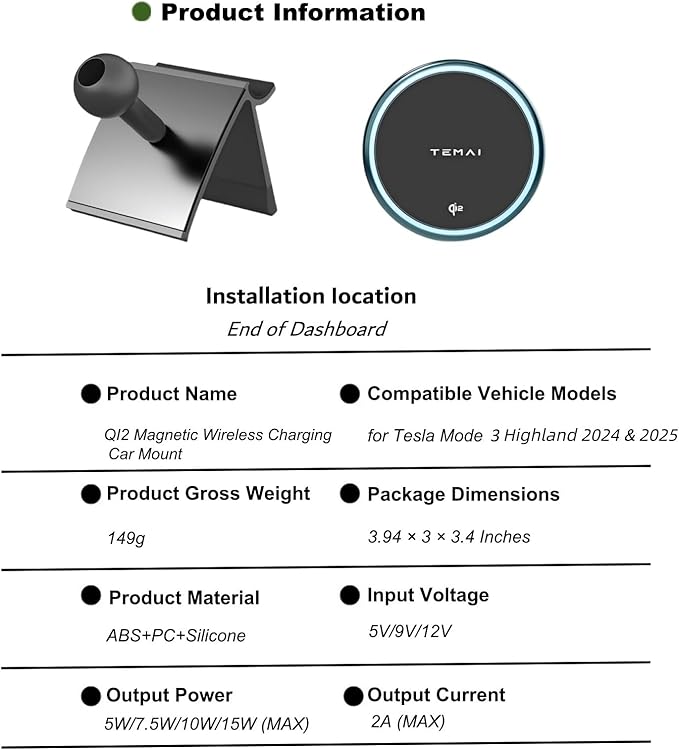 Persevere for Tesla Phone Mount Model 3 Highland 2024 & 2025, 15W Qi2 Wireless Charger Strong Magnetic Phone Holder for All 4-6.9'' Smartphones, Base Airvent Adjustable, Anti-Slip Mount