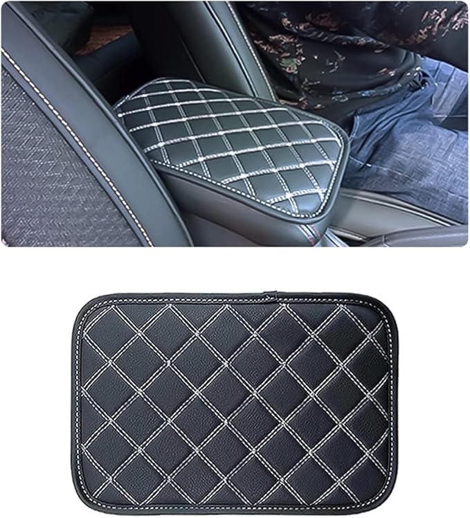 Ziciner Leather Car Center Console Armrest Pad, PU Waterproof Auto Seat Box Cover Protector, Hand Rest Cushion Protection Pad, Vehicles Interior Accessories Universal for Car,SUV (Black-White Line)