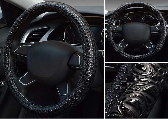 GZE Crocodile Pattern Steering Wheel Cover Microfiber Leather Breathable Anti-Slip Massage Wheel Protector 15 Inch Universal Fit (A-Black)