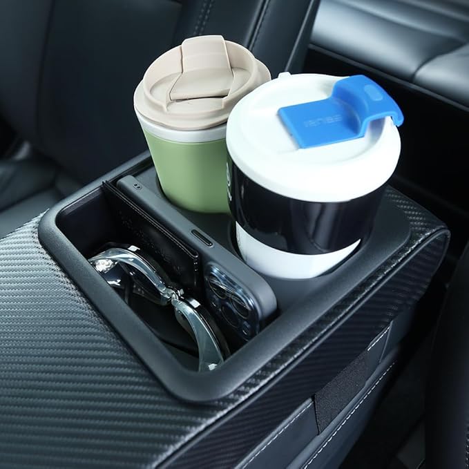 Supin Car Armrest Cushion - Multifunctional Faux Leather Armrest Cushion with Cup Holder, Phone Storage, and Ergonomic Design for All Seasons (Carbon Style)