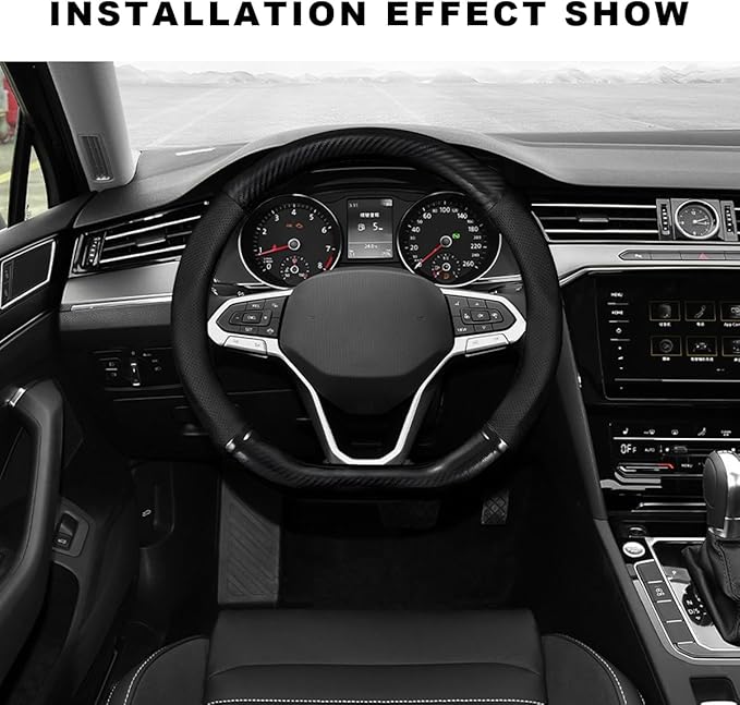 Car Breathable Steering Wheel Cover, Carbon Fiber Wear-Resistant D Shape Steering Wheel Protector for Comfy Grip, Universal Non-Slip Leather Wheel Sleeve for Most Car SUV Truck (Black)