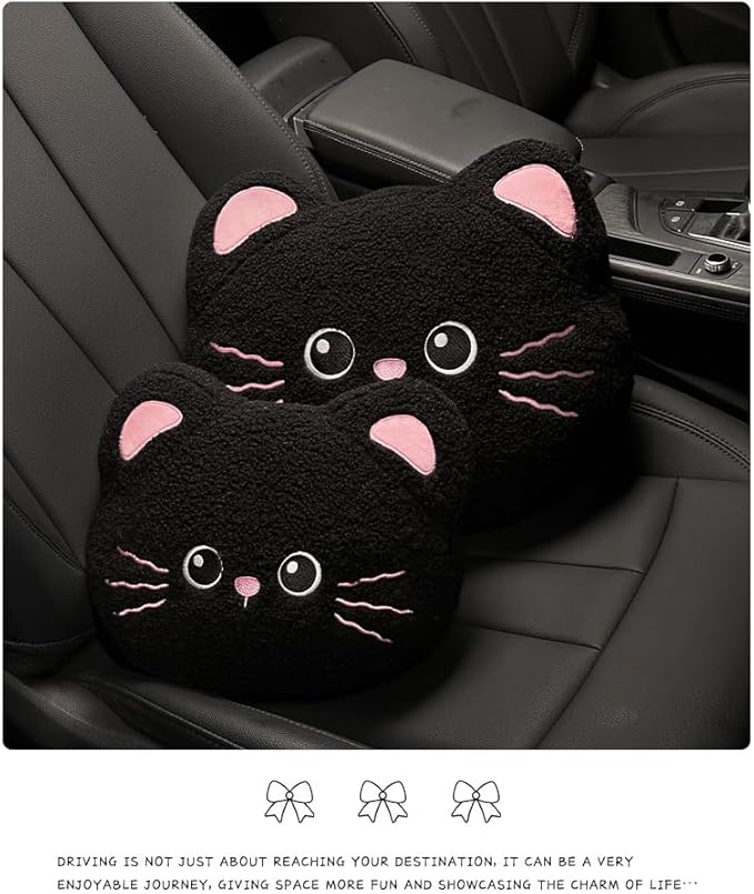 Cute Plush Black Cat Car Seat Headrest and Lumbar Support Pillow Set, Soft Neck Cushion for Driving Comfort, Set of 2