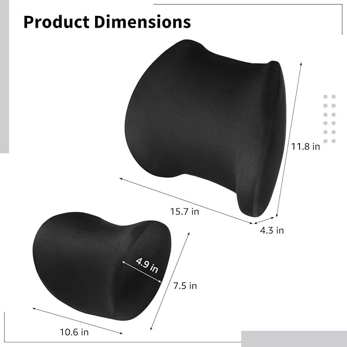 Black Memory Foam Car Seat Support Set, Headrest and Lumbar Cushion with Detachable Zipper Cover