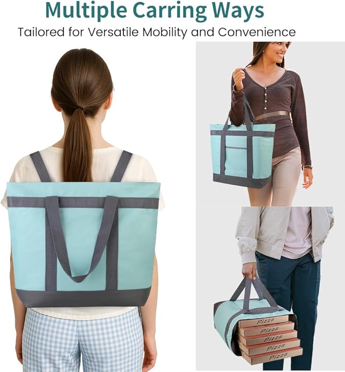 mosago 2PK Reusable Grocery Tote Bags, Insulated Cooler Shopping Bag for Women, Pizza/Food Delivery Bags to Keep Food Hot/Cold for Commercial Food Transport, Cooler Bag for Travel/Picnic, Collapsible