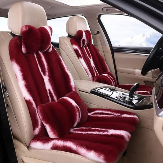 Luxury Plush Car Seat Cushion Set Car Headrest & Lumbar Support & Seat Cushion & Back Support Pillow Fluffy Fuzzy Car Seat Covers Non-Slip Cushion for Universal Accessories Automobiles (8, Wine Red)