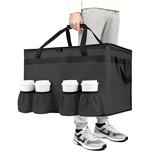 CIVJET Insulated Food Delivery Bag with 4 Cup Holders, XXX-Large Grocery Bags Keep Food Hot/Cold, Catering Cooler Bags with Drink Carrier, Commercial Food Warmer for Transport & Shopping, Black