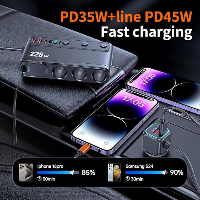 228W Car Charger Cigarette Lighter Splitter with Retractable USB-C Cable, 9-in-1 Multi-Port Car Power Adapter, Dual PD Fast Charging, LED Voltmeter for 12V–24V Vehicles