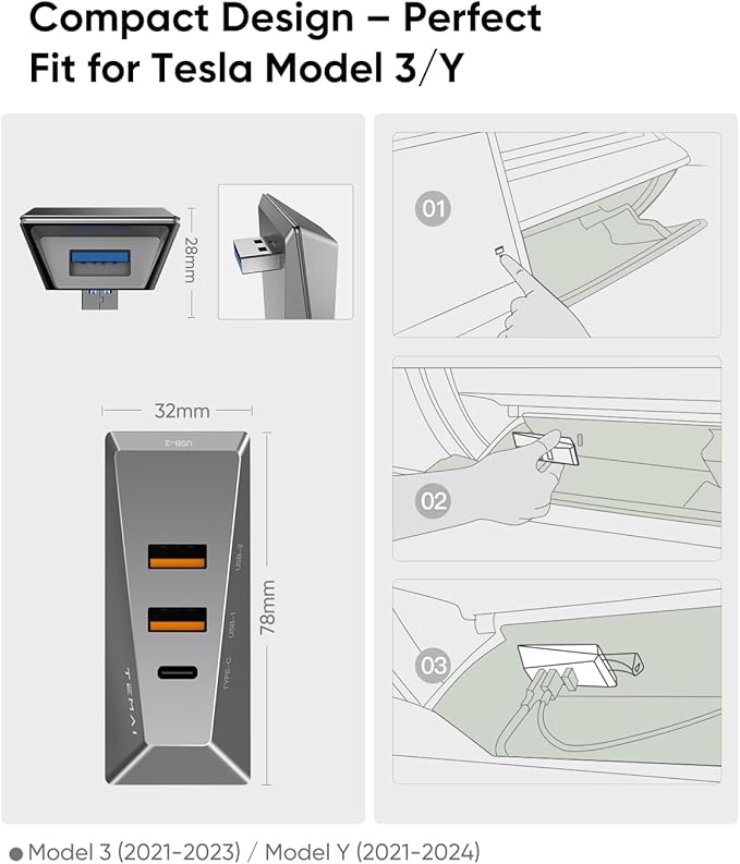 TEMAI Glovebox USB Hub for Tesla Model Y (2021-2024) & Model 3 (2021-2023) - 4-in-1 Docking Station Adapter for Sentry Mode Dashcam SSD Data & Game Controller - Cybertruck Style Spiliter