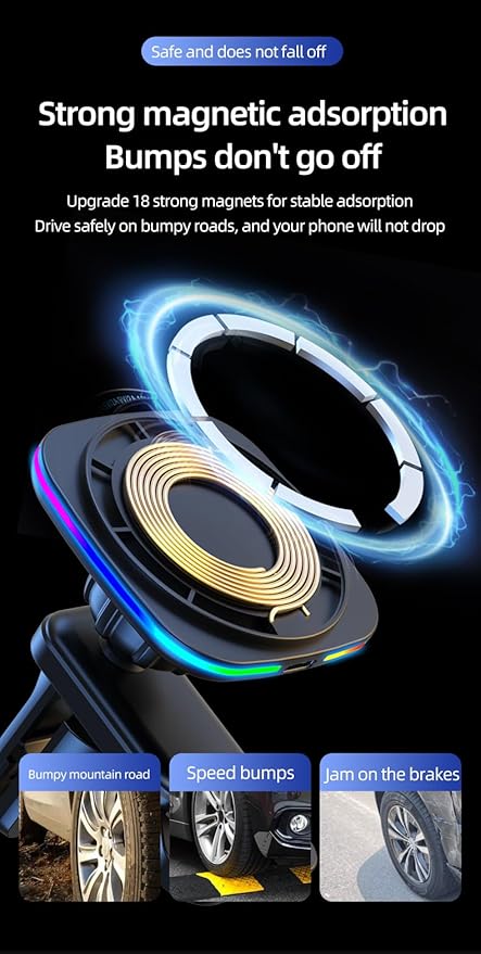 Car Phone Mount – 15W Magnetic Wireless Charger for 12-15 Series, Reliable and Efficient Wireless Charging Phone Holder (Black with RGB Light)