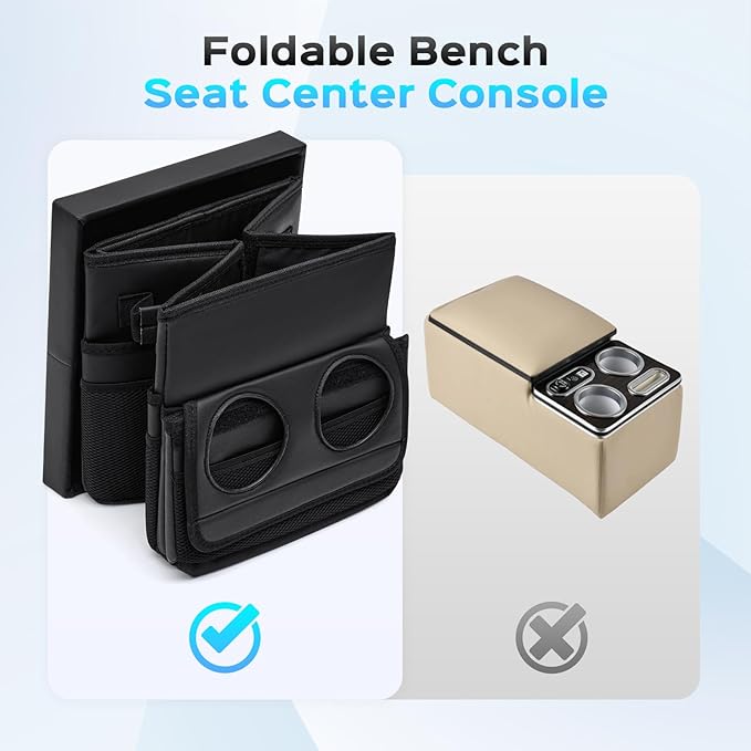 Foldable Bench Seat Center Console, Car Armrest Organizer Box with 2 Large Cup Holders & Massive Storage, Universal Portable Trunk Console Arm Rest for Car/Truck/Van/SUV Rear Organizers Back Seat