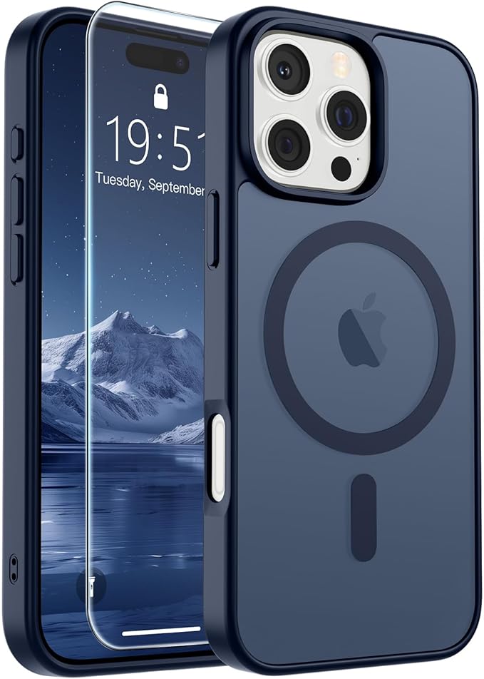 SUPFINE Magnetic for iPhone 16 Pro Case with Screen Protector (Compatible with MagSafe) (Military Grade Drop Protection) Translucent Matte Shockproof Phone Cover,Dark Blue