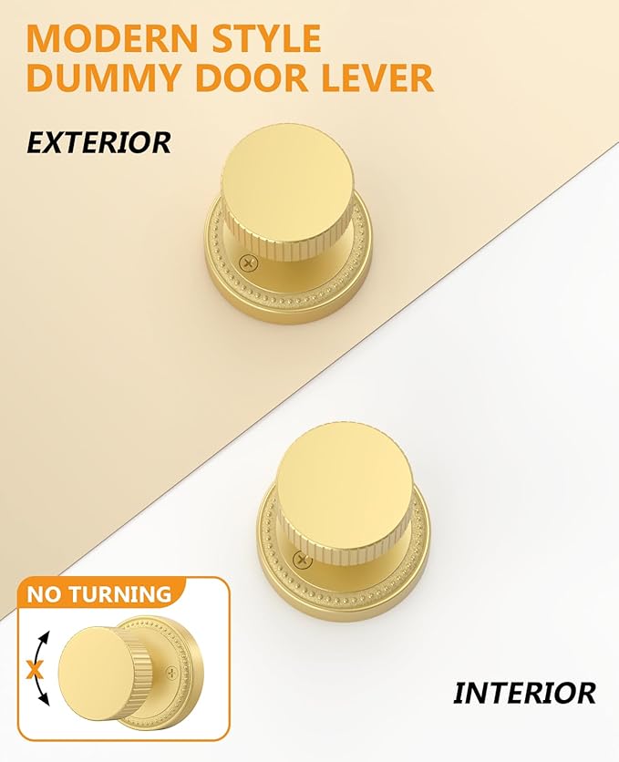 Asidrama 2 Pack Brushed Gold Dummy Door Knob, Non-Turning Decorative Door Lever with Door Knobs for Closet, French Double Doors, Pantry & Interior Push/Pull Use