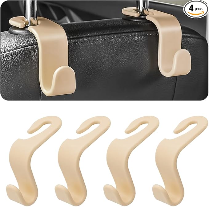 4PCS Car Seat Headrest Hooks, Auto Back Seat Hanger Holder, Durable Stylish Vehicle Organizer Universal Car Interior Accessories, Storage Hooks for Purses, Bags, Clothes, Coats, Hats (Beige/4PCS)