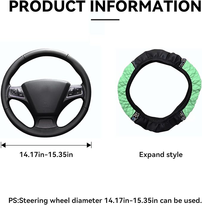 Bling Car Steering Wheel Cover, 15 Inch Rhinestones Soft Leather Elastic Steering Wheel Protector, Sparkly Crystal Diamond for Women Girls, Car Interior Accessories for Most Cars (Green)