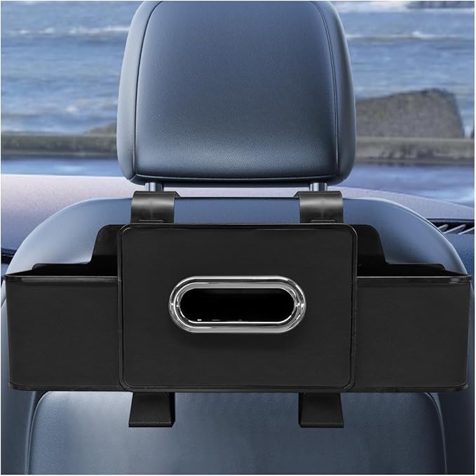 YoRise Multifunctional Car Back Seat Organizer, Leather Automotive Headrest Phone & Tissue & Cup Holder with Hooks, Family Travel Vehicle Backseat Storage Box for Drink, Snack, Handbag (Black)