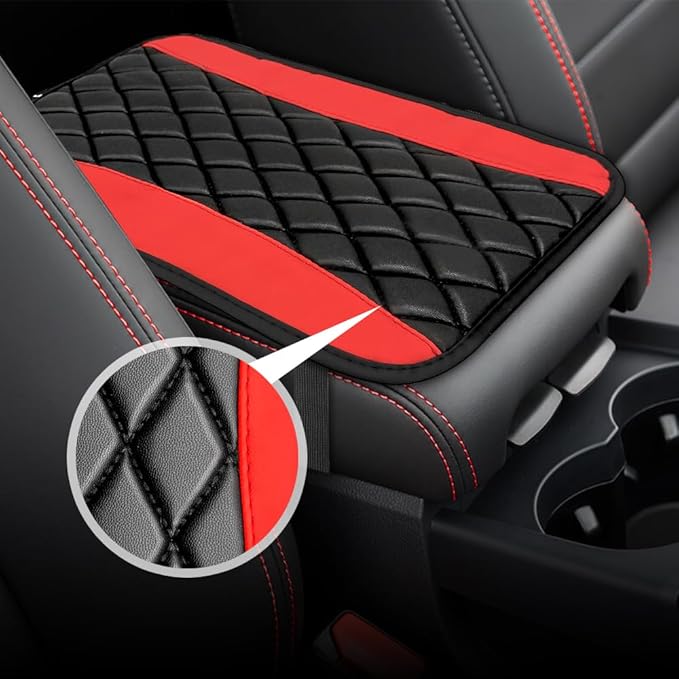 Car Center Console Cushion Pad, Arm Rest Covers, 12.6"×7.5" Leather Waterproof Auto Armrest Seat Box Protector, Auto Comfortable Center Console Cover Universal for Most Vehicles (Red)