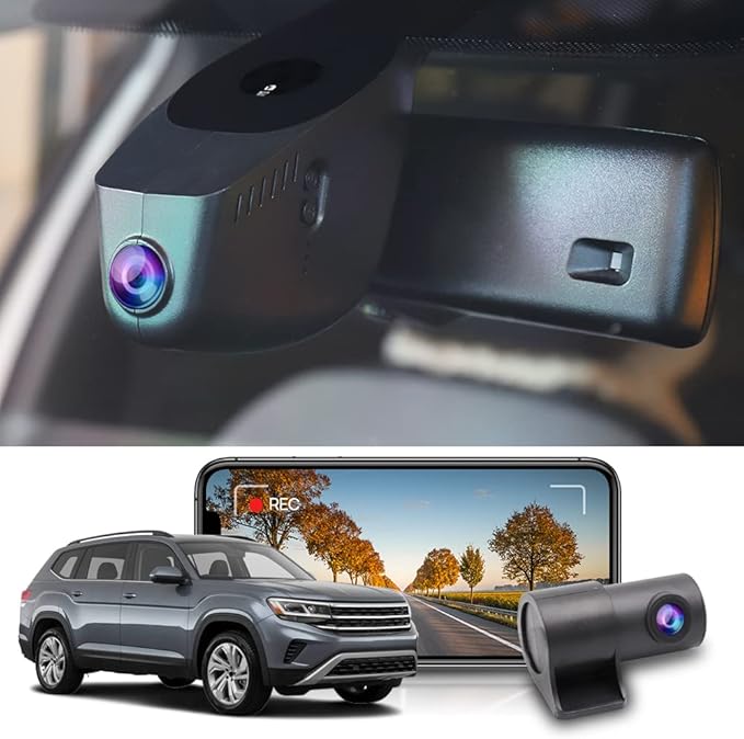Fitcamx Front 2K+Rear 1080P Dash Cam Adapts for Volkswagen Atlas 2018-2026 & Atlas Cross Sport 2020-2026 (Model A/Slim-Tail), OEM Look, Dual HD Video, WiFi&APP, Loop Recording, Parking Mode, 64GB Card
