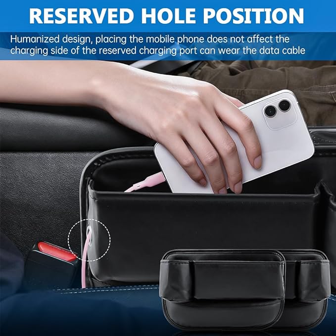 2 Pack Car Seat Gap Filler Organizer, Leather Seat Gap Bag with Cup Holder (3.14 inch) & 4 Hooks, Anti-Slip Flannel Lined Storage Box for Phone, Keys, Wallet, Fit Most Cars