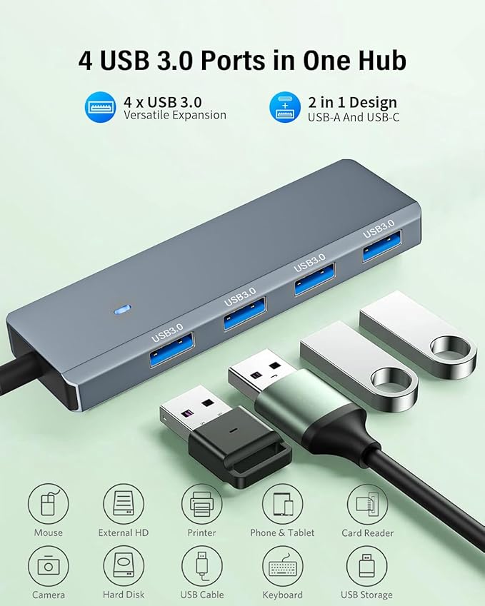 USB 3.0 Hub 4 Ports 5Gbps, Dual USB-A/C Aluminum Splitter, Ultra-Slim Multiport Expander Adapter for iPhone 17/16/15,MacBook,iPad,Laptop,PC,Desktop,HDD, Keyboard, Mouse, Xbox, PS5,Android
