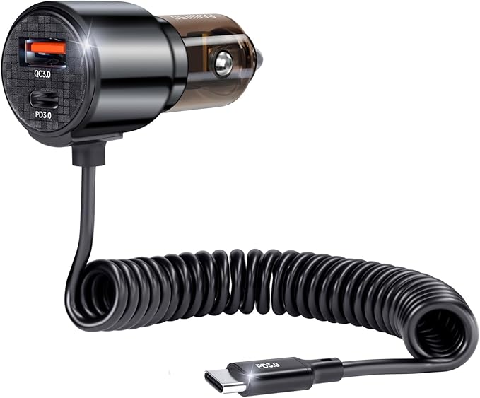 110W Retractable Car Charger, 3‑Port Cigarette Lighter Adapter, 5.7 ft Retractable USB‑C Cable, Car Charger USB C Fast Charge for iPhone 17/16/15 Series, Galaxy S25/S24 and More