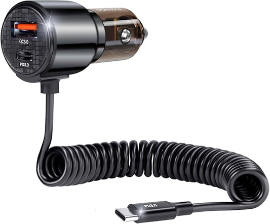 110W Retractable Car Charger, 3‑Port Cigarette Lighter Adapter, 5.7 ft Retractable USB‑C Cable, Car Charger USB C Fast Charge for iPhone 17/16/15 Series, Galaxy S25/S24 and More