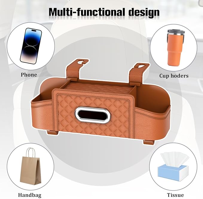 Car Backseat Organizer, 4-in-1 Multifunctional Vehicle Seat Back Tissue Box with Cup Holder & Hook, Auto Backseat Hanging Storage Box for Bag Phone Drink, Universal for Vehicles (Orange)