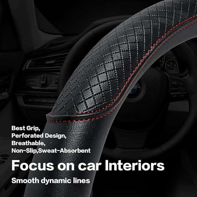 VARGTR Steering Wheel Cover - Microfiber Leather, Classic Embossing, Anti-Slip Breathable, Fit 15 Inch (Black & Red Line)