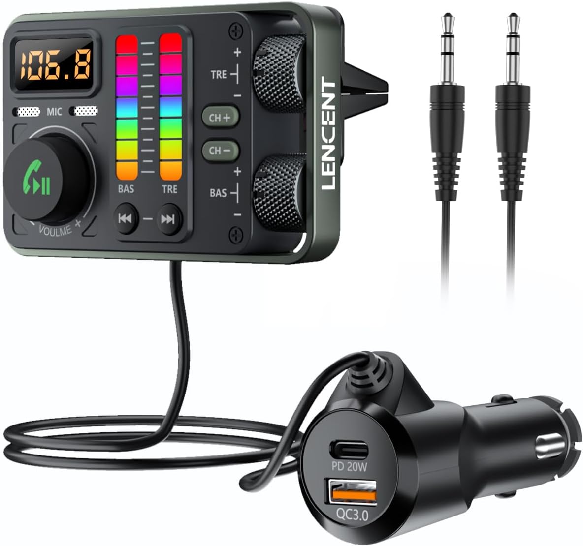 LENCENT Bluetooth Car Adapter, Bluetooth 5.3 FM Radio Transmitter with Hi-Fi Treble & Bass Music Player, PD20W and QC18W Fast Charger, Dual Mics for Hands-Free Call, Siri & Google, U Disk/3.5mm AUX