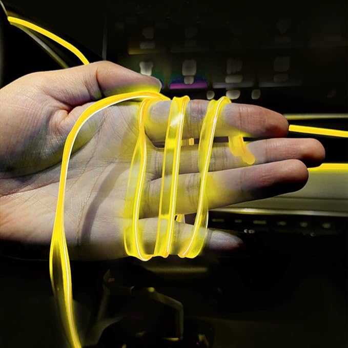 EL Wire Interior LED Strip Lights, USB Auto Neon Light With Sewing Edge, 16FT Electroluminescent Ambient Lighting Kit, Fuse Protection, Car Decoration Accessories (Yellow/16FT)