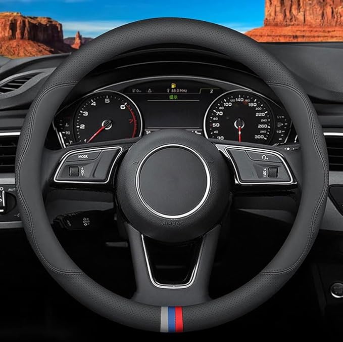 Custom-Fit for BMW Steering Wheel Cover, Premium Leather Car Steering Wheel Cover with Logo, Non-Slip, Breathable, for B-MW Accessories (D-Style,for BMW)