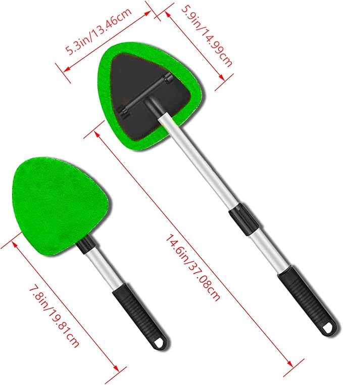 Windshield Cleaner Tool - Portable Car Interior Window Cleaning Kit with Extendable Handle, 4 Microfiber Towel Pads, Auto Glass Wiper for Windshield, Universal for RV, SUV, Truck (Green)