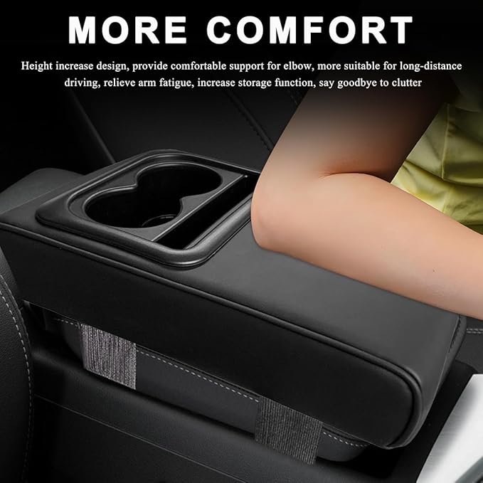 Car Center Console Armrest Pillow, 14"×8.3" Waterproof Leather Armrest Box Cover with Cup and Phone Holder, Soft Memory Foam Arm Rest Console Pad Protector for SUV Truck (Black, Glossy)