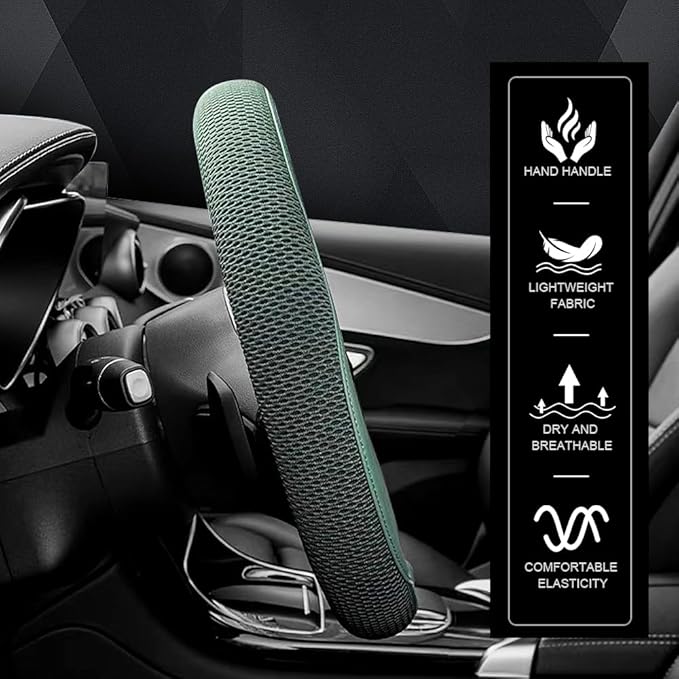 Carodi Car Steering Wheel Cover, Leather and Breathable ice Silk Fabric, Comfortable, Non-Slip, Warm in Winter and Cool in Summer, Universal 15 inch (Green)