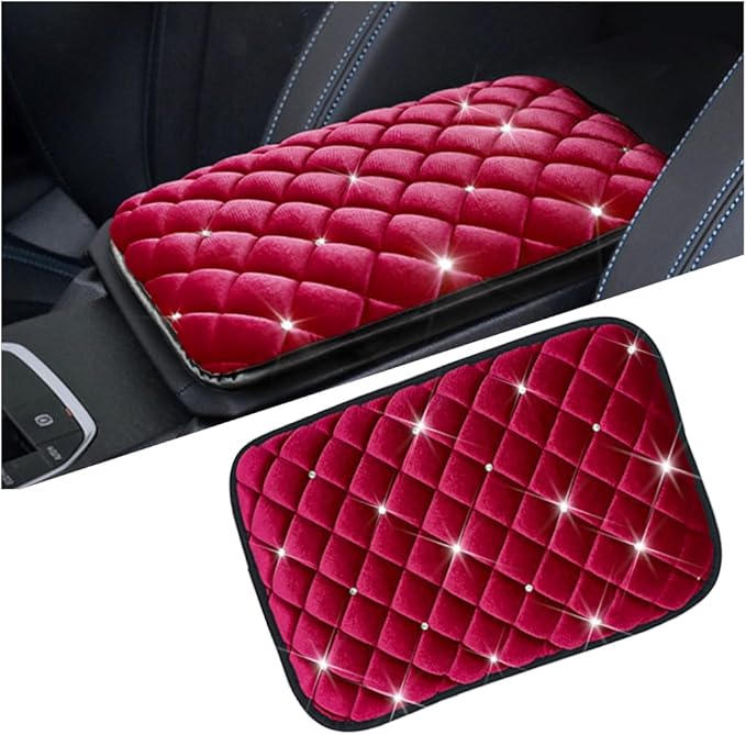 Mandark Bling Car Center Console Cover, Crystal Rhinestone Fluffy Automotive Armrest Seat Box Cushion Pad, Soft Comfortable Diamond Arm Rest Protection Mat, Universal Vehicle Accessories (Red)