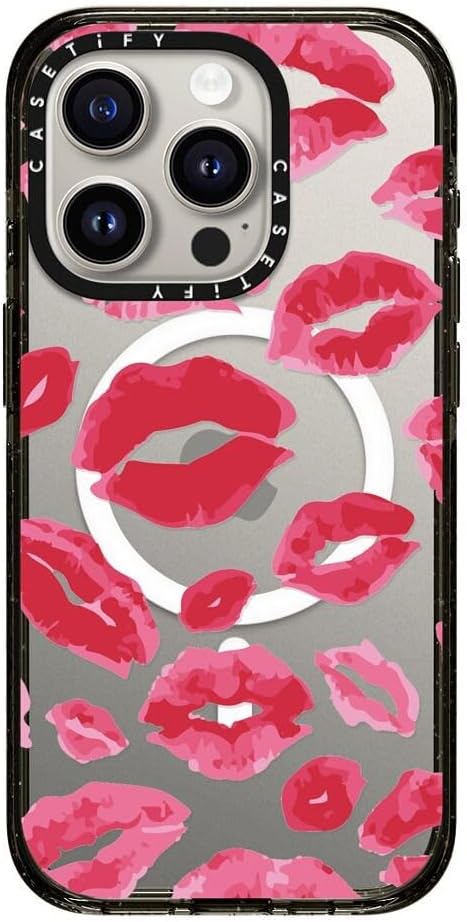 CASETiFY Impact iPhone 15 Pro Case [4X Military Grade Drop Tested / 8.2ft Drop Protection/Compatible with Magsafe] - Lipstick Kisses - Clear Black