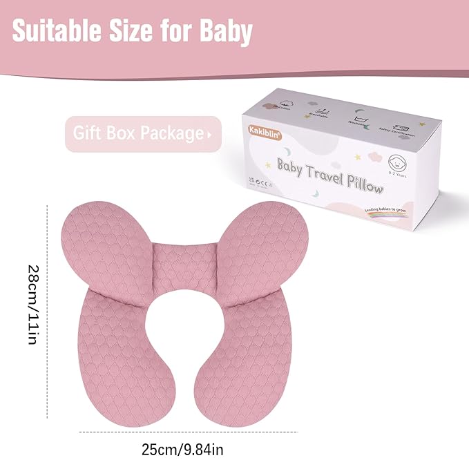 KAKIBLIN Baby Travel Pillow, Upgraded Baby Neck Pillows for Car Seat, Infant Neck Support Pillow for Head and Neck,Newborn Head Support for Car Seat, Stroller, Pushchair (Pink)