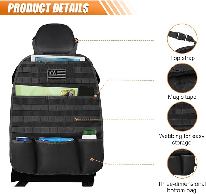 Tactical Molle Car Seat Back Organizer, Vehicle Panel Car Seat Back Cover Protector with 5 Storage Pouch, Universal Backseat Storage Organizer with USA Flag Patch for Car SUV Truck MPV (Black-2 Pcs)